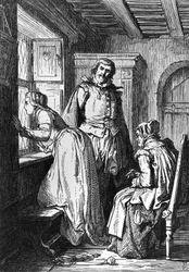 Klaerchen venter på Egmont, illustration til Egmont, tragedie af Johann Wolfgang von Goethe (1749-1832), træsnit efter tegning af Ferdinand Rothbart (1823-1899)