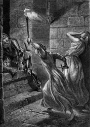 Heltemod: Julienne Du Guesclin, søster til Bertrand Duguesclin, greb et svin for at afvise engelske soldater, der forsøgte at invadere Pontorson Castle. 14. århundrede. Stik fra 1864 af Eugene Delacroix.
