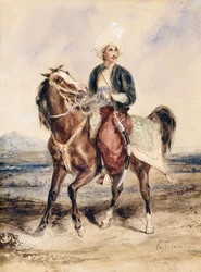 En arabisk kriger til hest i et landskab,