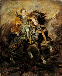 Clorinde griber ind for at redde Olinde og Sophronia Illustration af en scene af Torquato Tassos "La Jerusalem delivree" (La gerusalemme liberata). Maleri af Eugene Delacroix (1798-1863) 1800-tallet søn. 0,61x0,5 m