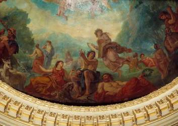 Nedstigning til Limbes: "" Orphee, Sapho (Sappho) til venstre og en muse"" Detalje af maleriet af Eugene Delacroix (1798-1863), der dekorerer kuplen på senatets bibliotheque, omkring 1845. Palais du Luxembourg, Paris