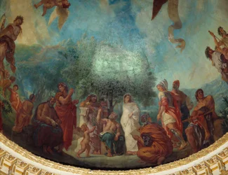 Nedstigning til Limbes: gruppen af berømte: fra venstre mod højre, Demosthene (siddende), Xenophon, Platon og Sokrates, Aspasie (hvid), Apelle, Alexander den Store, Aristoteles og Achilles siddende. Maleri af Eugene Delacroix (1798-1863), der dekorerer kup