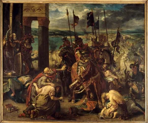 Fjerde korstog: "" Korsfarernes erobring af Konstantinopel den 12/04/1204"" Ind i byen, af Baudouin IX af Flandern (eller Baudouin VI af Hainaut) kendt som Baudouin I af Konstantinopel (1171-1206), kommandør for korstogene og dogen Henry Dandolo