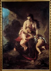 Rasende Medea. Medea myrder sine to børn i en hule. Maleri af Eugène Delacroix (1798-1863)