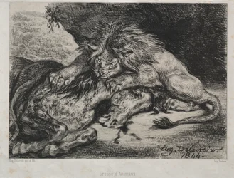 Løve fortærer en hest, 1844.
