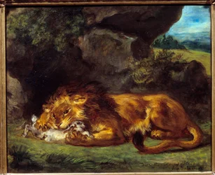 Løve slår en kanin. Maleri af Eugene Delacroix (1798-1863)
