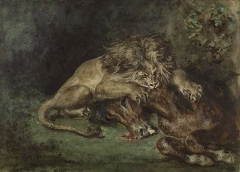 Lion dévorant un cheval (Løve fortærer en hest), ca. 1844 (akvarel, kropsfarve og gummi arabisk med grafit på papir, monteret på bord)