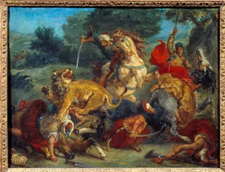 Løvejagt. Maleri af Eugene Delacroix (1798-1863)