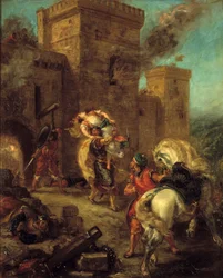 Rebecca lettede ved Templaren under posen af slottet Frondeboeuf. Fra Scott Walters bog "Ivanhoe". Maleri af Eugene Delacroix (1798-1863)
