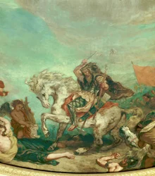 Fremstilling af Attila (395-453), konge af hunnernes stamme. Detalje af en fresko af Eugène Delacroix (1798-1863), der udsmykker kuplen i Nationalforsamlingens bibliotek (Palais Bourbon), 1843, Paris