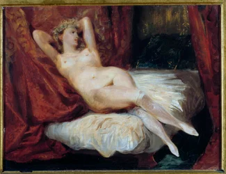 Studie af nøgen kvinde liggende på en sofa, kaldet Kvinden med hvide strømper. Maleri af Eugène Delacroix (1798-1863)