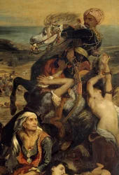 Scio-massakrerne. Scene, der skildrer den græske uafhængighedskrig mod osmannerne: Græske civile, der venter på død eller slaveri, Detalje. Maleri af Eugene Delacroix (1798-1863)