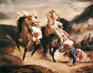 Kampen mellem Giaour og Pasha. Inspirer fra Lord Byrons digt "" Le Giaour ". Orientalismemaleri af Eugene Delacroix (1798-1863)