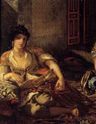 Kvinderne i Algier i deres lejlighed. Maleri af Eugene Delacroix (1798-1863) 1834 Dim. 1,80 x 2,29 m Paris. Louvre-museet