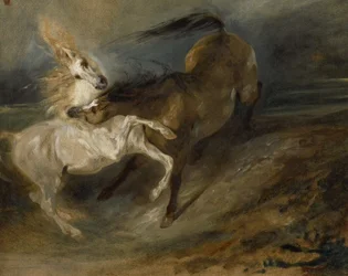 To heste, der kæmper i et stormfuldt landskab, ca. 1828