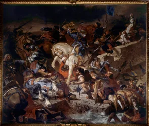 Udsigt over slaget ved Taillebourg vundet af kong Saint Louis den 21. juli 1242. Slaget mellem de capetiske tropper fra kongen af Frankrig Saint Louis og deres vasaller oprør, Henrik III af England og Hugh X af Lusignan. Maleri af Eugene Delacroix (17