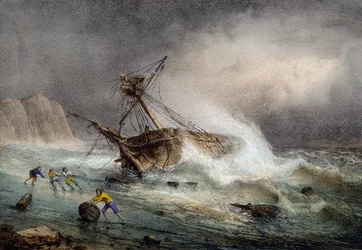 Brigantine strandet, farvelitografi af Ferdinand Perrot