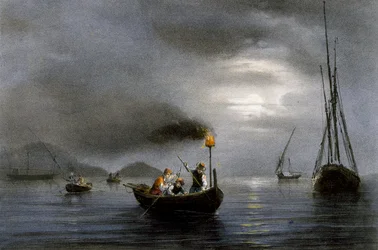 Natfiskeri med fiskelampe, farvet litografi af Ferdinand Perrot (1808-1841)