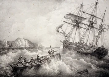 Redning af besætningen på bretonsk fiskerbåd af det svenske skib Le Neptune, Litografi af Ferdinand Perrot