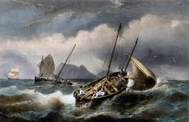 Sardinfiskeri langs Bretognes kyst, farvet litografi af Ferdinand Perrot (1808-1841)