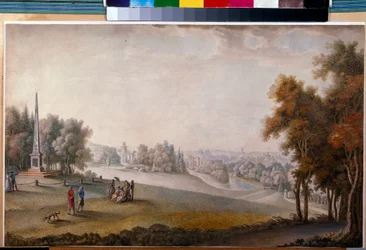""Udsigt over parken i Tsarskoye Selo"" af Ferdinand de Meys(?-ca 1810), Akvarel, Gouache på papir
