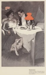 Samtale mellem en teaterinstruktør og en skuespillerinde på en cafe (farve litho)