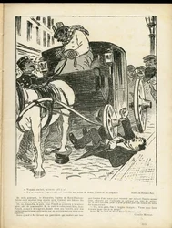 Illustration af Fernand Fau (1858-1919) i Le Rire, 29/02/08 - Metiers, Transport, Katastrofeulykker, Caleche Fiacre Cab - Cochers Fiacres