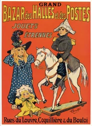 Reklameplakat for Grand Bazaar des Halles et des Posts: Legetøjs- og spilbutik (En lille Napoleon af træ, en heks og en dukke) Illustration af Fernand Fernel (Cerckel) (1872-1934) 1899