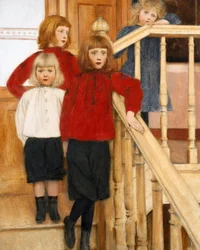 ""Hr. Neves børn"" Fire børn på en trappe Maleri af Fernand Khnopff (1858-1921) 1893 Privat samling
