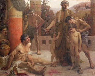 En spartaner peger på en beruset slave for sine sønner