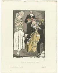Gazette du Bon Ton, 1920 - nr. 9, Pl. 66: O Maitre el Relicario / Middagskjole trimmet med bånd (titel på objektet)