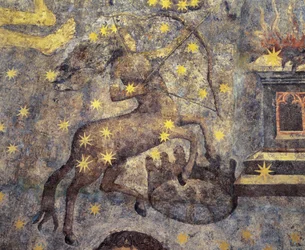 gotisk periode. Dome of the Zodiac (1485) af Fernando Gallego (1440-1507). XV århundrede. Vægmalerier. De dekorerer biblioteket på universitetet i Salamanca, Castilla, Spanien. Repræsenterer stjernetegn. Kentaur. Symbol for stjernebilledet.