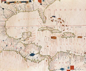 Portulan: Geografisk kort med navnet på kystlinjen Cuba, Florida, Mellemamerika og Nordlatinamerika, Hydrographic Atlas of Fernao Vaz Dourado (1500-tallet)