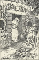 To børn i et marcipanhus i skoven. Illustration af F. Scarpelli til eventyret Hans og Grete baseret på en samling af brødrene Grimm. Snehvide og andre fortællinger, Firenze