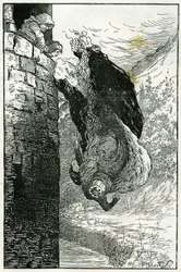 Fabel: "De kastede hende ud af vinduet og lige ned i floden". Illustration af Filiberto Scarpelli til fortællingen "Les petits nains du bois" (Tre unge mænd i skoven) fra brødrene Grimms samling "Snehvide og andre fortællinger".