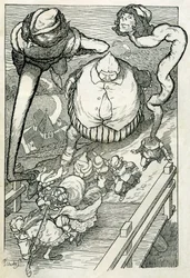 Fabler: Prinsen kommer ind i byen efterfulgt af sine tjenere. Illustration af Filiberto Scarpelli til fortællingen "Tjenerne og prinsen" fra brødrene Grimms samling "Snehvide og andre fortællinger".