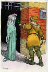 Illustration af Filiberto Scarpelli (1870-1933) til fablen "Buona sera Ezzechiello" (Godaften Ezekiel) fra en samling af fabler af brødrene Grimm "Snehvide og andre fortællinger"" omkring 1920.