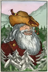 Illustration af Filiberto Scarpelli (1870-1933) til fablen "La montagna di cristallo" (Krystalbjerget) fra brødrene Grimms samling af fabler "Snehvide og andre fortællinger", ca. 1920.