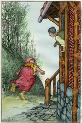 Illustration af Filiberto Scarpelli (1870-1933) til fablen "Toniotta la stolta" (Toniotta la foolta) fra brødrene Grimms samling af fabler "Snehvide og andre fortællinger", ca. 1920.