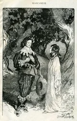 Illustration af Filiberto Scarpelli til eventyret "Snehvide" fra en samling af fabler af brødrene Jacob og Wilhelm Grimm, "Snehvide og andre eventyr".
