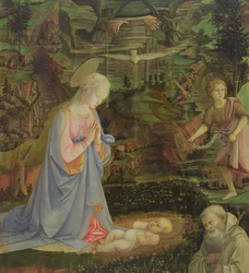 Tilbedelse af barnet med spædbarnet St. John og St. Romuald (tempera på panel)