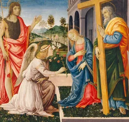 Annunciation and Saints, af Filippino Lippi (1457-ca 1504), olie på lærred