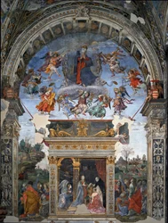 Jomfruens himmelfart og nedenfor St. Thomas Aquinas, der præsenterer for Maria kardinal Oliviero Carafa Fresco af filippinske Lippi (1457-1504) 1488-1492 Rom, Kirken Santa Maria sopra Minerva, Kapel Carafa Italien