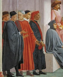 Mænd i middelalderdragt, detalje fra The Raising of the Son of Theophilus, af Tommaso Masaccio, fresco