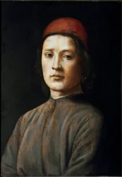 Portræt af en ung mand med en rød hat Maleri af filippinske Lippi (1457-1504) Firenze fra det 15. århundrede, Galleria degli Uffizi (Kontorer)