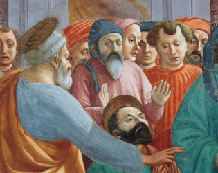 Hellige og skare, detalje fra The Raising of the Son of Theophilus, af Tommaso Masaccio, fresco