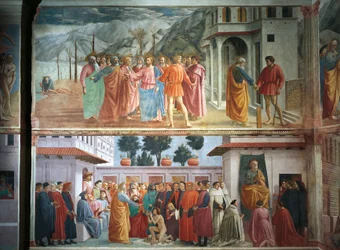 Hyldestpengene, af Tommaso Masaccio, The Raising of the Son of Theophilus og Sankt Peter på tronen, af Tommaso Masaccio og Filippo Lippi, fresker