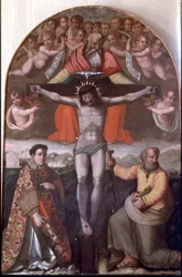 Treenighed med SS. Stephen og Philip, midterpanel på en altertavle (tempera på panel)