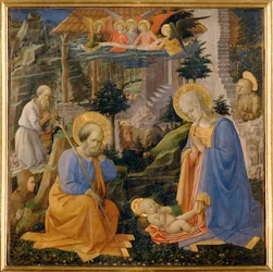 Tilbedelse af barnet, med Sankt Hilarion og
engle ... (tempera på træ)
