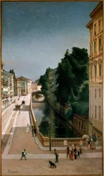 Udsigt over kanalen i Senato Street i Milano (olie på træ